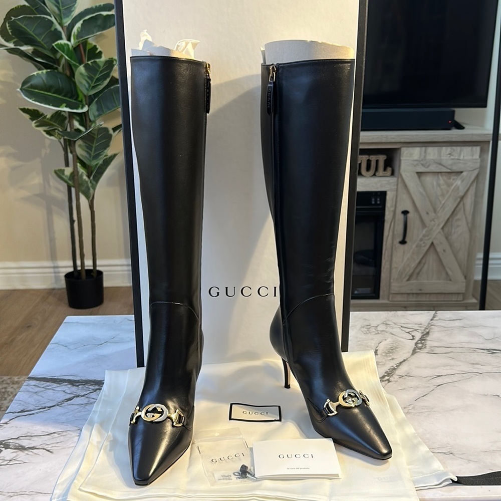 NEW GUCCI Nappa Charlotte Calfskin Zumi Heeled Boots 35